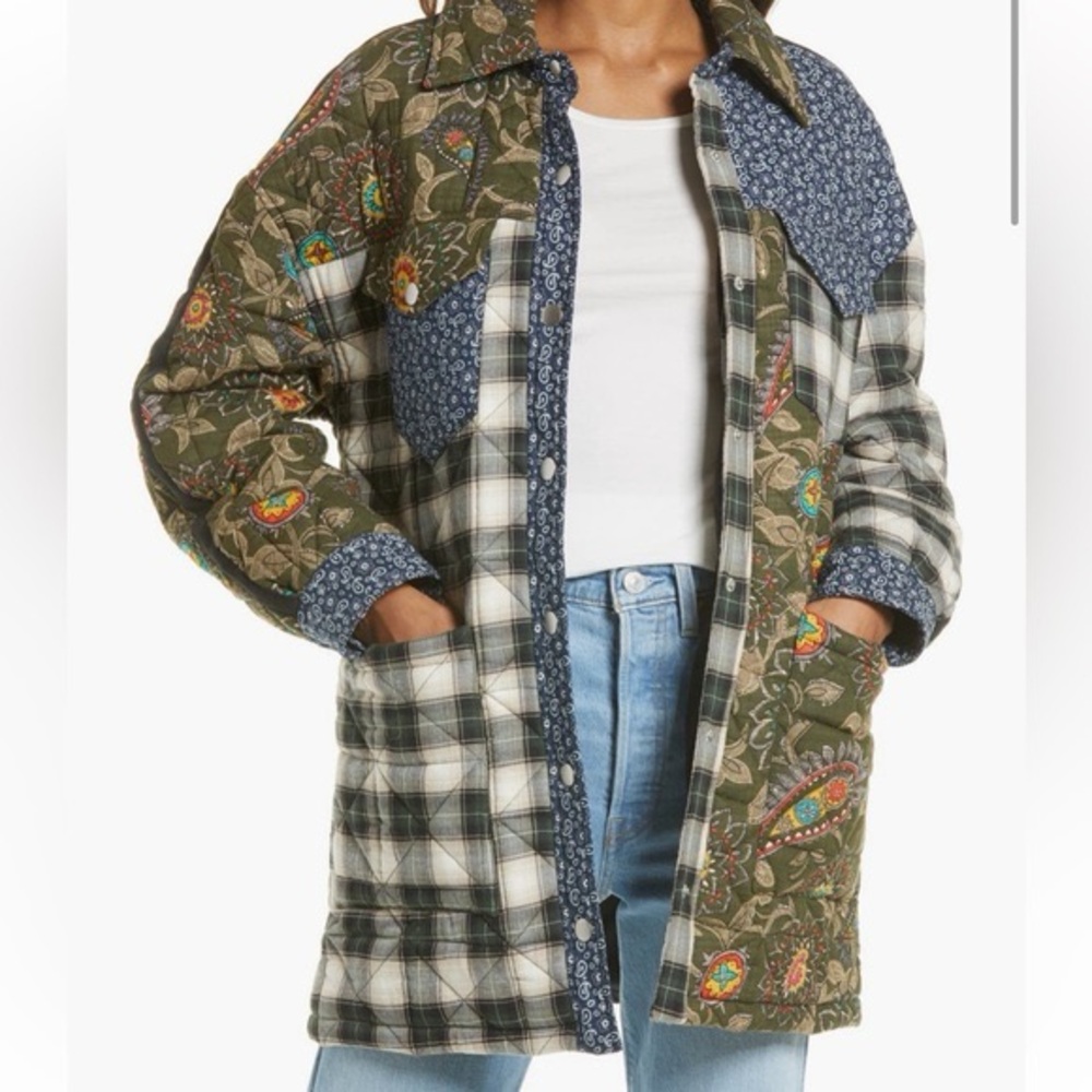 Avec Les Filles Patchwork Utility Jacket in Olive Green, Blue, Cream